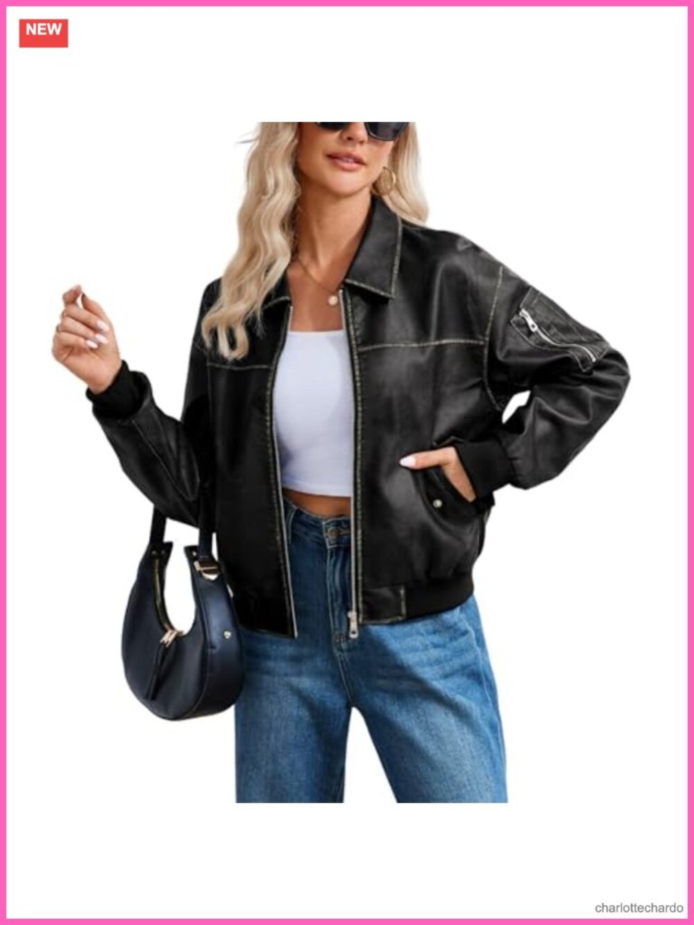 Oversized Faux Leather Bomber Jacket Zip Front Casual Coat